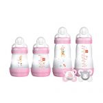 MAM Newborn Essentials "Feed & Soothe" Set (6-Piece), Easy Start Anti-Colic Baby Bottles, 0-2 Month Pacifier, Baby Shower Gifts for Baby Girl, Purple